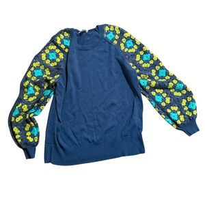 Belle Boho by Kim Gravel Granny Blue Cotton Sweater Crochet Floral Sleeves M